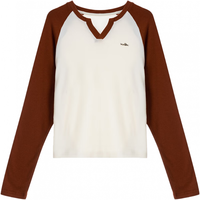 LAGOGO撞色小V领长袖T恤女拉谷谷春秋新款百搭显瘦字母印花上衣 白红(VH)