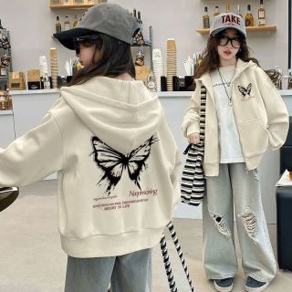 雷姆汀女童开衫秋季连帽卫衣外套秋冬卡通小狗百搭银狐绒中大童上衣 薄开衫卫衣杏色前后印卡通涂鸦 1
