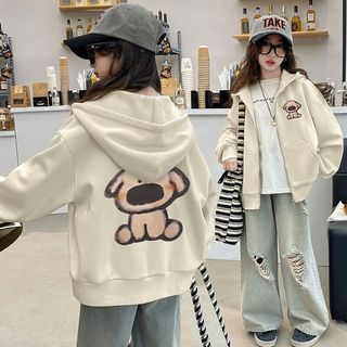 雷姆汀女童开衫秋季连帽卫衣外套秋冬卡通小狗百搭银狐绒中大童上衣 薄开衫卫衣杏色前后印卡通涂鸦 1