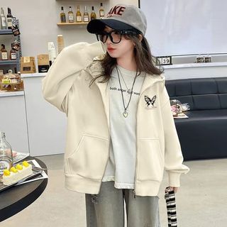 雷姆汀女童开衫秋季连帽卫衣外套秋冬卡通小狗百搭银狐绒中大童上衣 薄开衫卫衣杏色前后印卡通涂鸦 1
