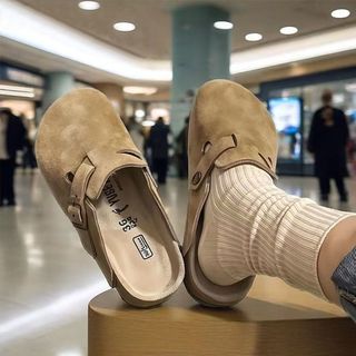 加绒博肯鞋女2025春季外穿厚底博肯包头半天鞋懒人一脚蹬女鞋