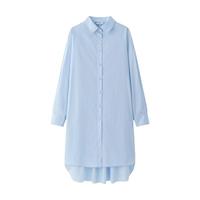 艾莱依奥莱蓝色连衣裙女夏季长袖气质优雅衬衫裙时尚收腰裙子