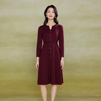 88VIP：黛玛诗 正式场合长袖连衣裙女秋冬新款优雅V领红色裙子端庄优雅