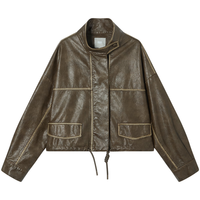 对白设计感抽绳PU皮短外套女2025秋季小个子时髦立领皮衣夹克 琥珀棕 XL