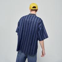 Lee XLINE23春夏新品舒适版中蓝色学院风美式棒球男牛仔短袖衬衫