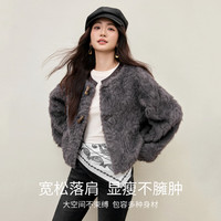 尚都比拉洋气复古风毛绒外套女冬季保暖圆领短外衣撞色牛角扣宽松落肩上衣