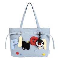 出走 Pingu女生大容量牛仔手提包托特包日常外出单肩包水桶包 牛仔蓝