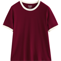初语撞色包边休闲圆领短袖T恤女2024年夏季5A抗菌上衣 复古红 S