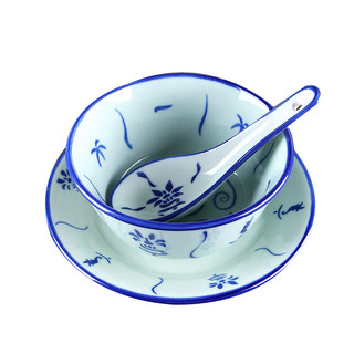 鹏柏福瑞仿古怀旧陶瓷葵斗碗竹花青花瓷碗家用大排档饭碗深菜盘餐具战斗碗 青花