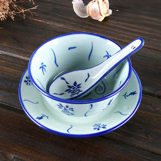 鹏柏福瑞仿古怀旧陶瓷葵斗碗竹花青花瓷碗家用大排档饭碗深菜盘餐具战斗碗 青花
