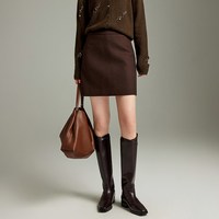 摩凡 优雅咖色高腰半身裙女短款MOFAN摩凡2025冬新款绵羊毛混纺A字裙