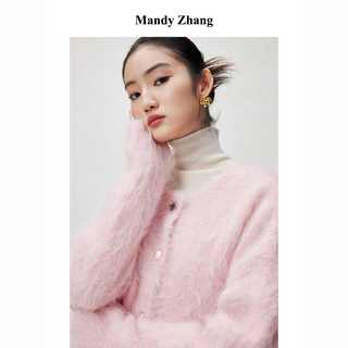 MandyZhang進口秘鲁羊驼毛粉色针织开衫女秋冬温柔时髦感毛衣上衣
