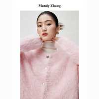 MandyZhang進口秘鲁羊驼毛粉色针织开衫女秋冬温柔时髦感毛衣上衣