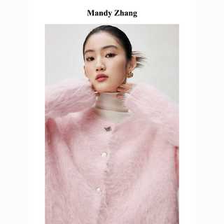 MandyZhang進口秘鲁羊驼毛粉色针织开衫女秋冬温柔时髦感毛衣上衣