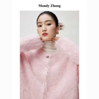 MandyZhang進口秘鲁羊驼毛粉色针织开衫女秋冬温柔时髦感毛衣上衣