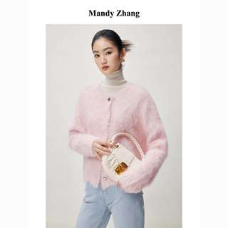 MandyZhang進口秘鲁羊驼毛粉色针织开衫女秋冬温柔时髦感毛衣上衣