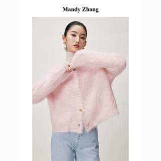 MandyZhang進口秘鲁羊驼毛粉色针织开衫女秋冬温柔时髦感毛衣上衣