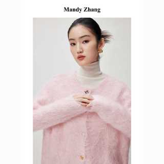 MandyZhang進口秘鲁羊驼毛粉色针织开衫女秋冬温柔时髦感毛衣上衣
