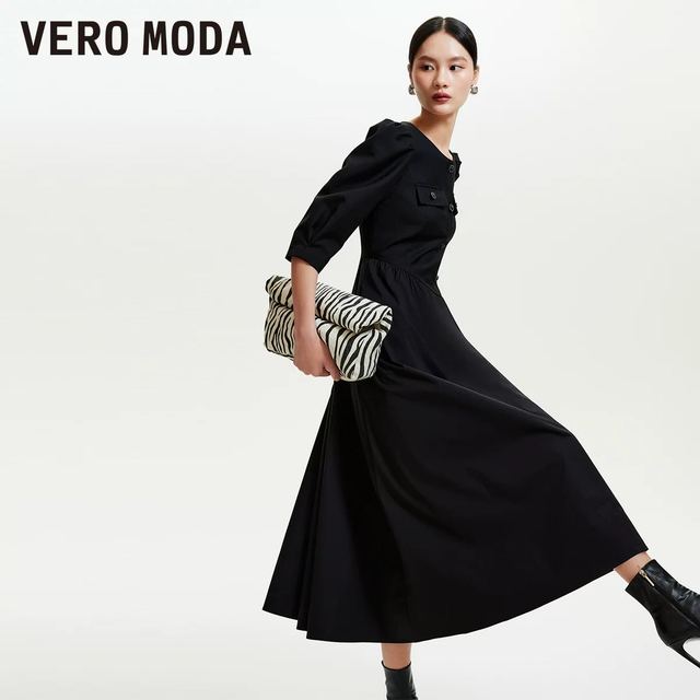 VERO MODA 奥莱连衣裙子秋冬清仓长裙A字七分袖气质优雅收腰修身女