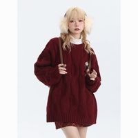 零柒零捌美式简约红色毛衣女秋冬宽松外穿麻花针织衫上衣