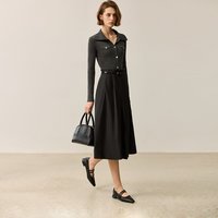 LILY 新款翻领针织拼接修身黑色百褶气质淑女连衣裙A字长裙