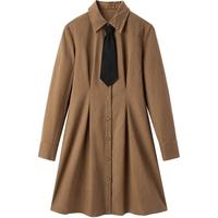 太平鸟学院风衬衫连衣裙女秋冬咖色送领带收腰显瘦连衣裙奥莱