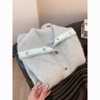 LANAO 蓝色浣熊绒翻领针织开衫女春秋慵懒软糯polo领毛衣外套