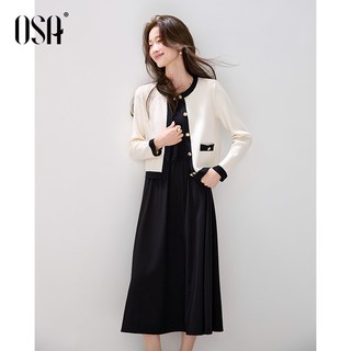 【华尔兹套装】OSA欧莎秋冬小香风毛衣针织外套+连衣裙两件套