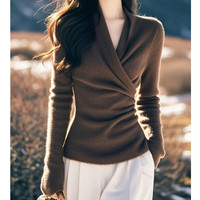 燕浔法式优雅绝美咖色V领长袖毛衣针织衫女秋冬款独特百搭修身打底衫 咖色针织衫
