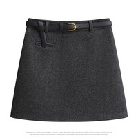 拉夏贝尔 灰色毛呢半身裙女秋冬小个子防走光高腰a字一步包臀短裙