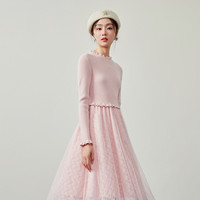 秋水伊人 女士针织拼接网纱连衣裙 623409C020679S