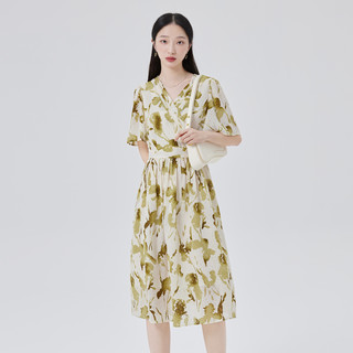 艾莱依奥莱夏季修身时尚气质长裙V领半袖设计法式连衣裙轻薄女
