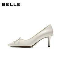 百丽(Belle)92系列蝴蝶结高跟单鞋女2026春真皮通勤单鞋H8008AQ6 米白色 34 (220mm)