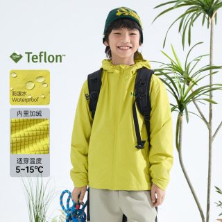 mipo冬季儿童冲锋外套三防男童户外羽绒服加绒防风软壳摇粒绒上衣 芥黄