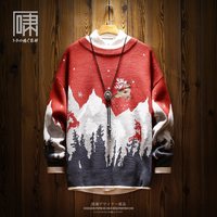 INS 潮牌国潮雪山驯鹿刺绣圣诞毛衣 男日系复古加绒加厚针织衫男装