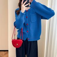 唐狮 2025秋冬韩系撞色扣设计圆领针织开衫女春秋外套高级感毛衣女