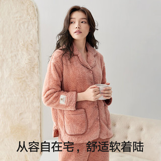 海澜之家【抱抱绒】睡衣女士翻领长毛珊瑚绒抗菌防螨长袖长裤家居服套装 米黄3005 L （165高/95-110斤）