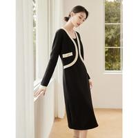 欧莎 撞色小香风毛衣裙黑色长袖针织连衣裙女秋冬