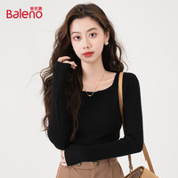 班尼路打底衫女2025春秋方领针织衫长袖黑色修身内搭上衣J