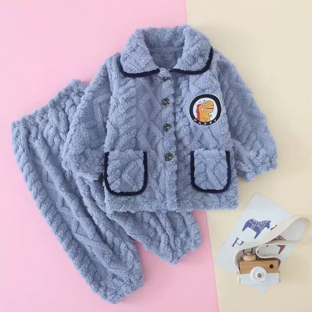 木木屋 儿童法兰绒睡衣秋冬季男童女童加绒加厚宝宝小童珊瑚绒 浅蓝，深蓝加厚绒睡衣套装