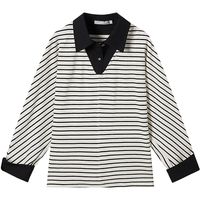 对白法式条纹假两件拼接卫衣女2025秋季新款设计感小众宽松POLO衫 黑白条纹