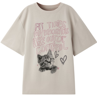 乐町甜辣废土风猫咪涂鸦字母宽松T恤女2024夏季印花绣花短袖 卡其色 L