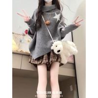 法曼斯灰色高领斗篷上衣设计感小众慵懒不规则针织衫秋季毛衣