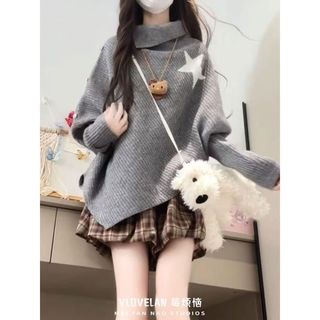 法曼斯灰色高领斗篷上衣设计感小众慵懒不规则针织衫秋季毛衣