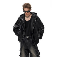 IMXS明星同款棉服短外套大毛领派克服PU皮衣潮流夹克棉袄男女装 黑色宽松版(带可拆卸毛领 S