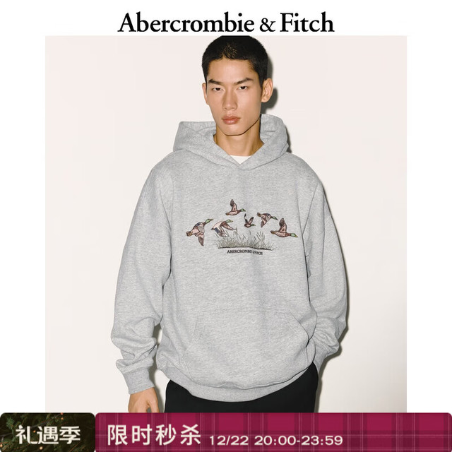 Abercrombie & Fitch 美式舒适百搭创意图案保暖抓绒连帽卫衣25秋冬男装122-5669 灰色