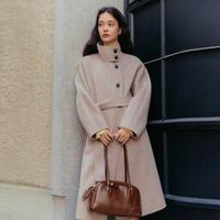 乐町 通勤中长款立领毛呢外套冬季腰带设计大衣