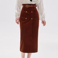 限尺码：卓雅周末 复古枫叶红高腰灯芯绒腰带中长款开叉高品质半身裙秋冬款