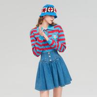 卓雅周末 秋学院风撞色条纹翻领小鹿刺绣针织衫