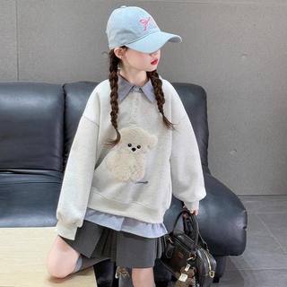 女童假两件加绒卫衣秋冬款中大童洋气女孩POLO衫上衣洋气卡通冬装